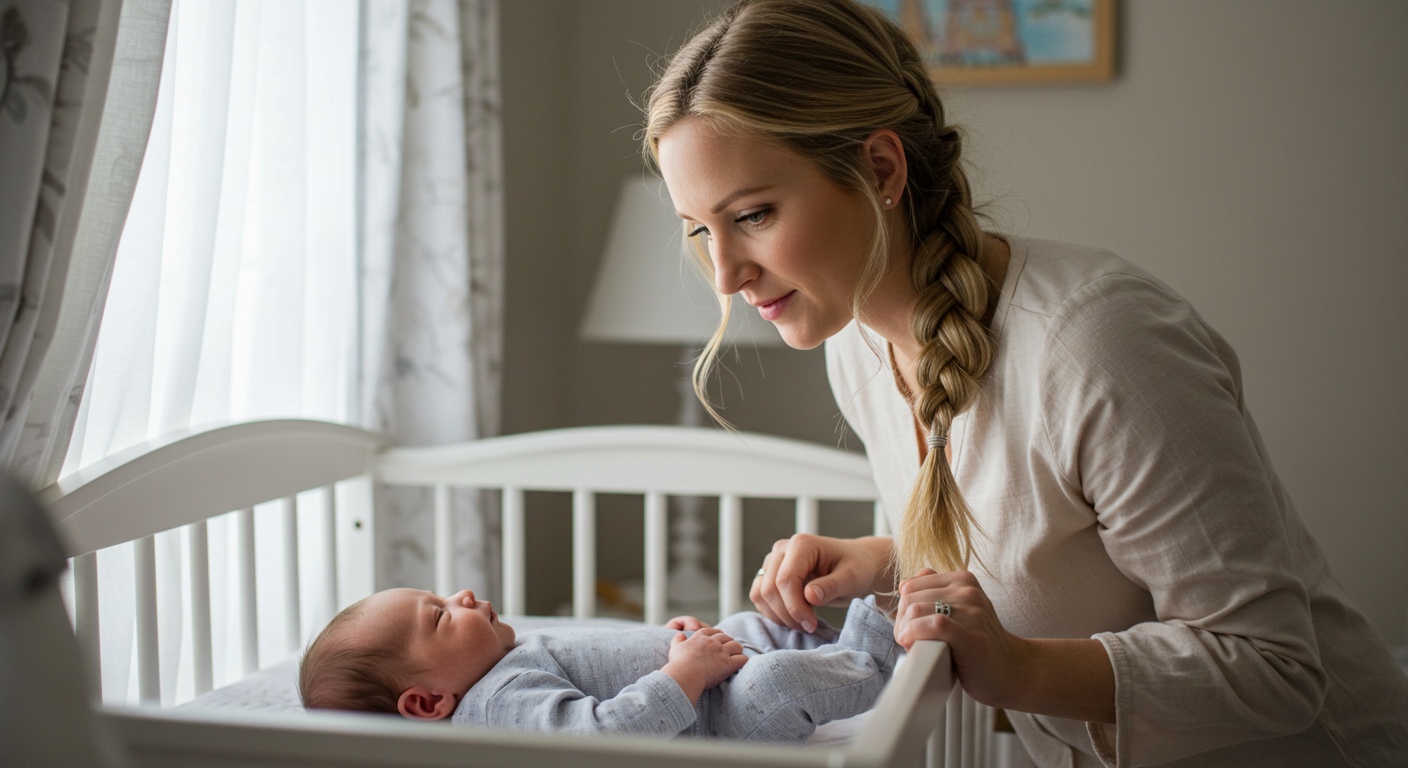 Мать наблюдает за новорожденным в детской, обращая внимание на его состояние