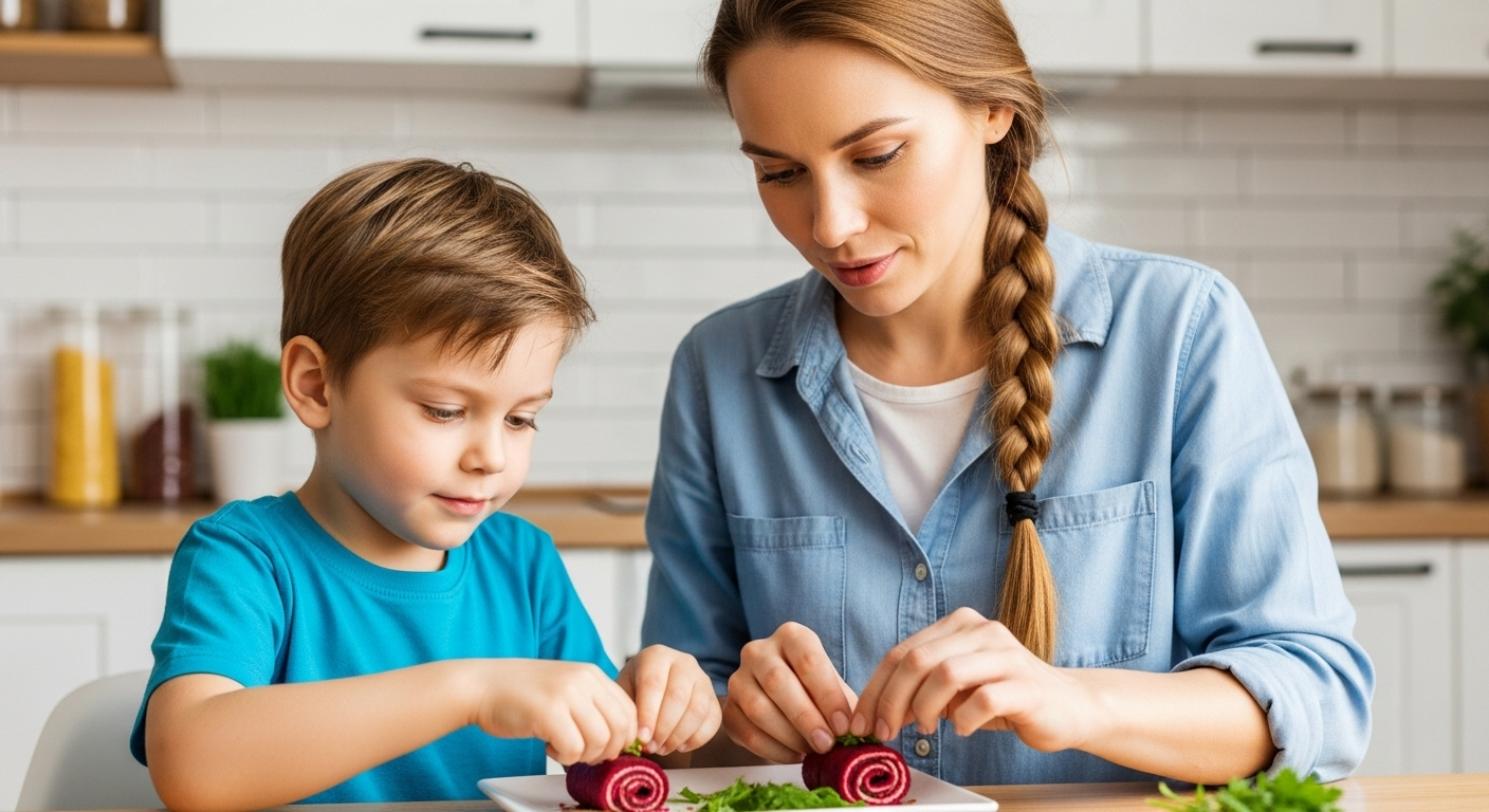 Мать с сыном готовят свекольный рулет, украшая его зеленью