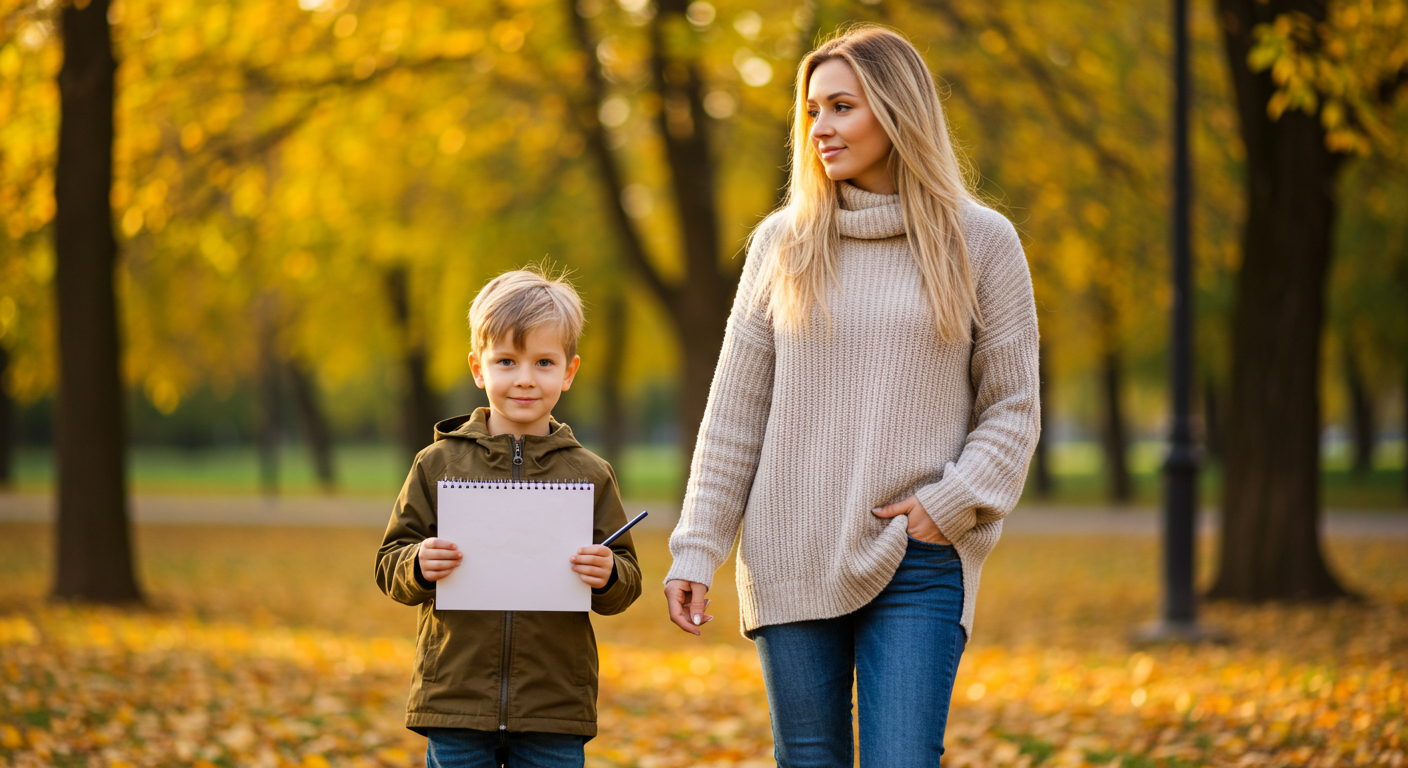 Мать с сыном гуляют в парке, развивая познавательные способности через наблюдение