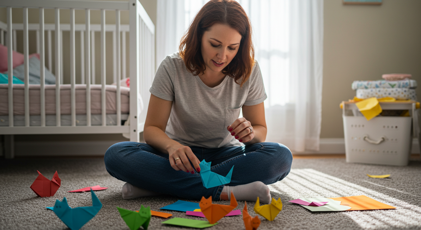 Мать с сыном на ковре окружены бумагой и фигурками кошек оригами