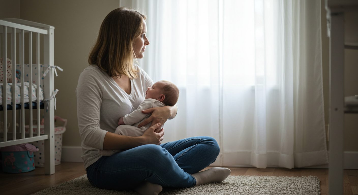 Молодая мама держит двухмесячного малыша на коленях, смотрит в окно