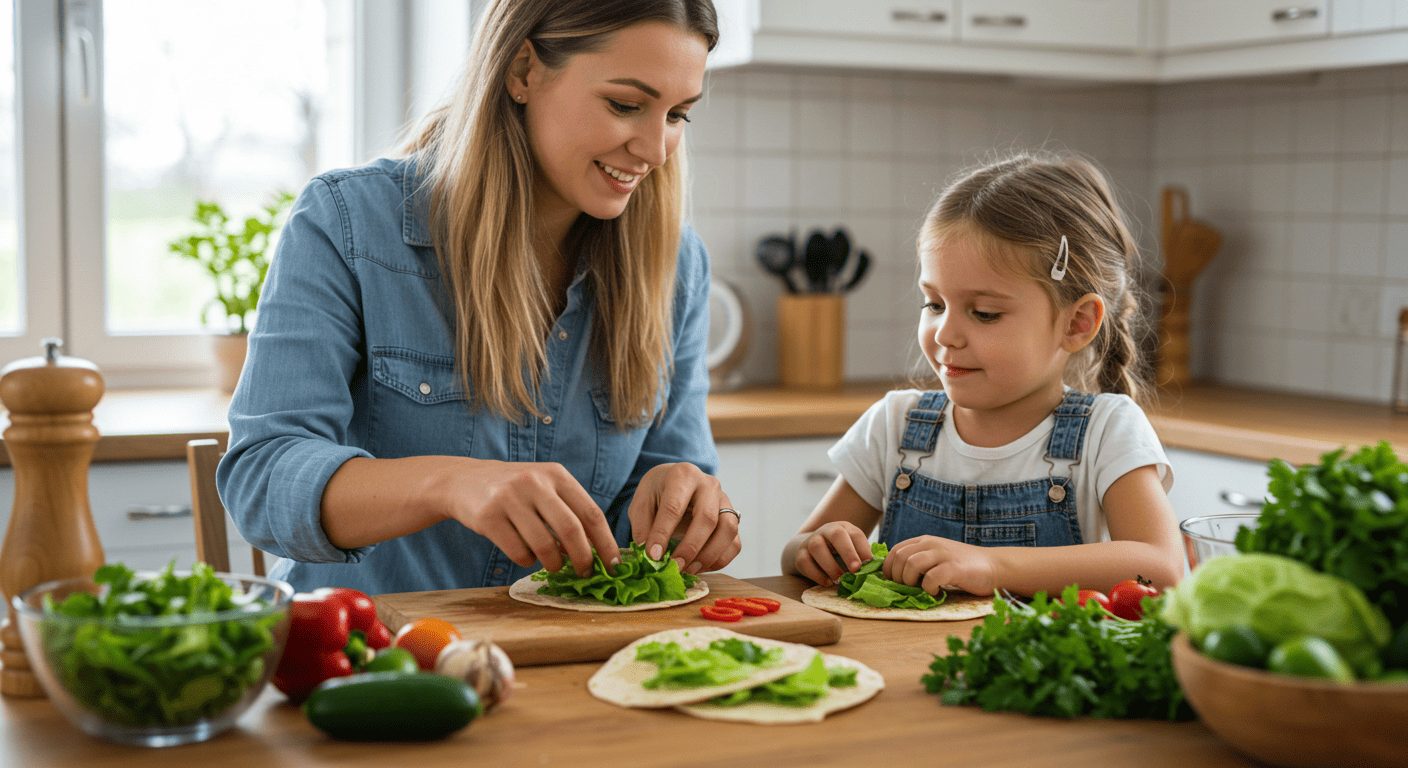 Молодая мама готовит рулет из лаваша с дочерью на кухне с овощами