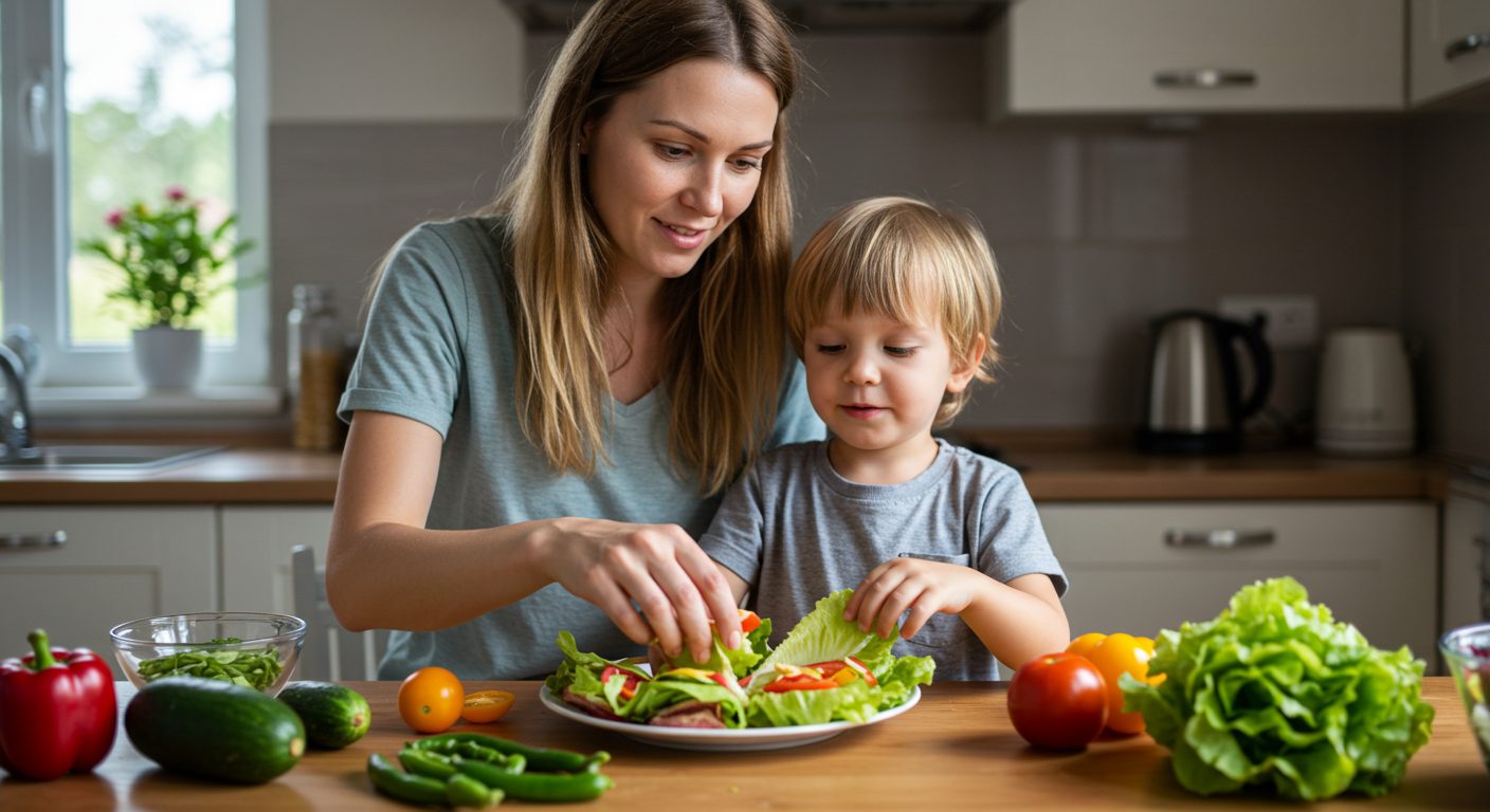 Молодая мама готовит рулетики из салата с сыном на кухне