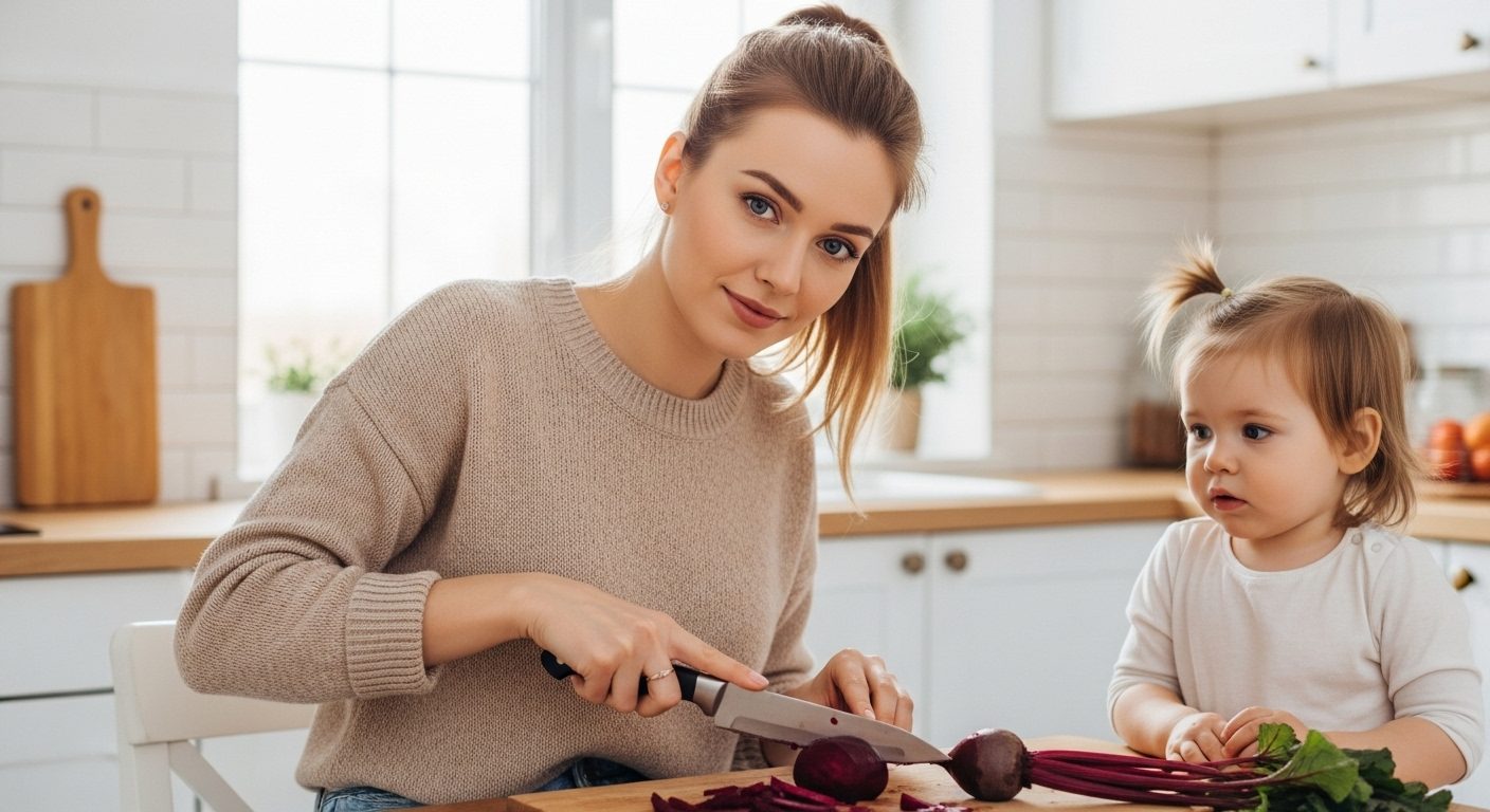 Молодая мама нарезает свеклу на кухне, дочка наблюдает за ней