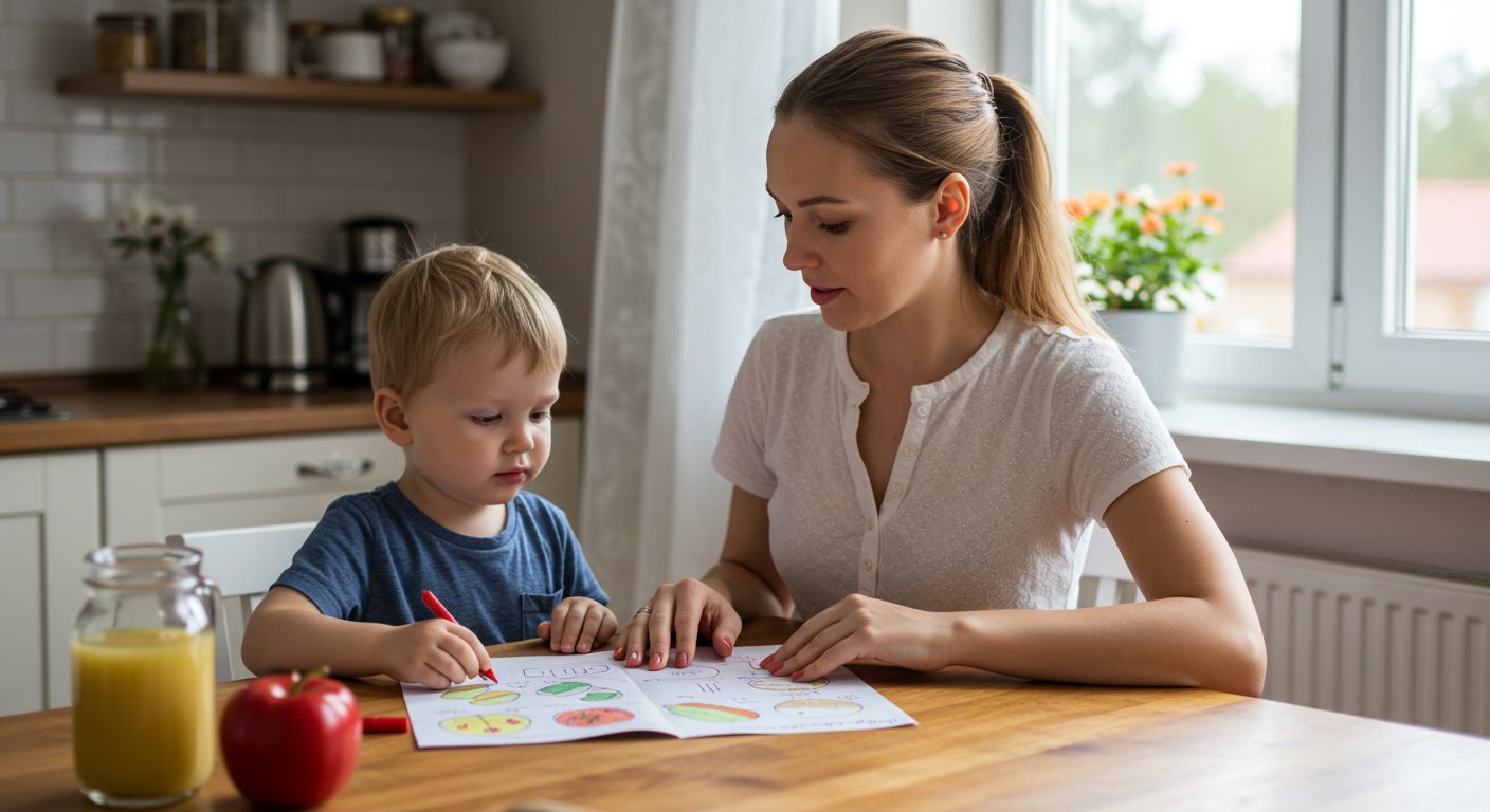 Молодая мама показывает сыну рисунки еды для детского меню на неделю
