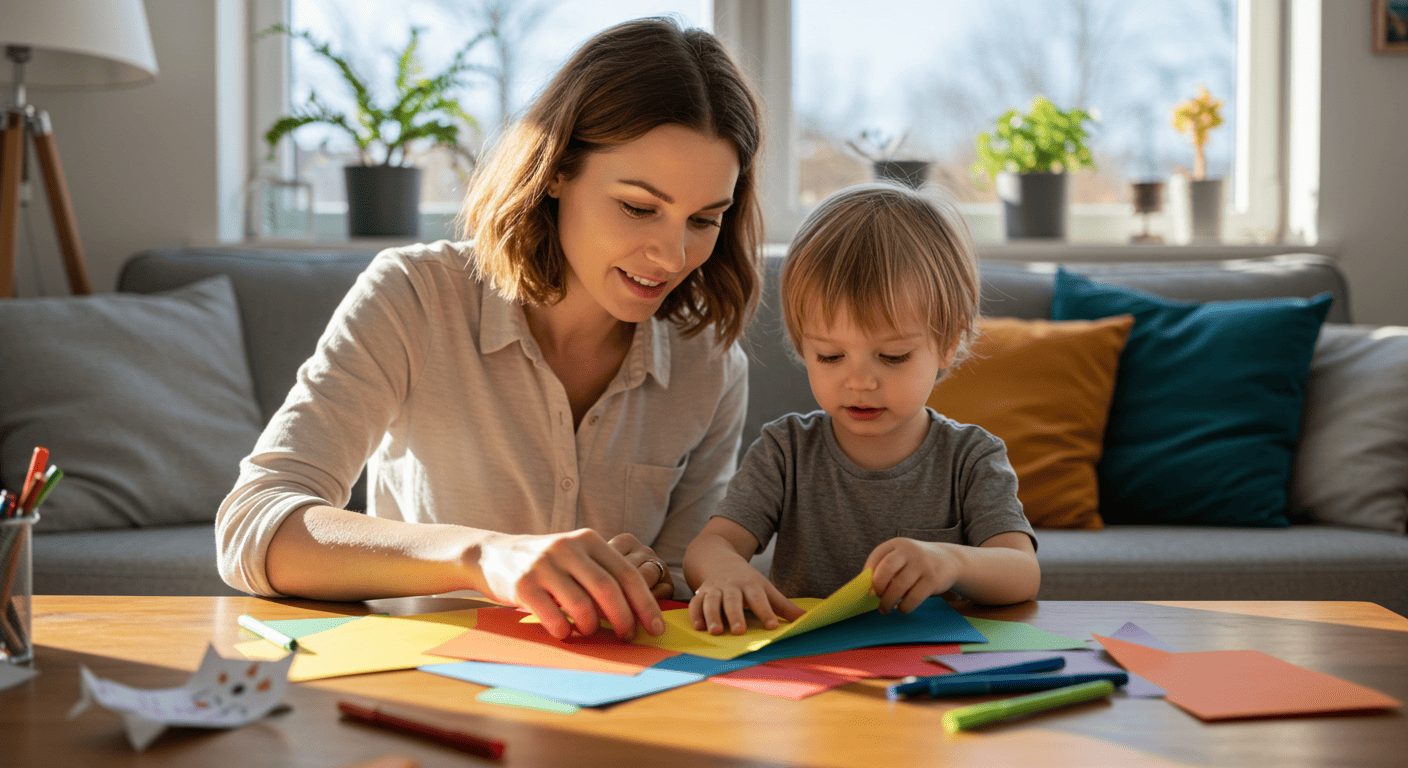 Молодая мама помогает сыну делать бумажную кошку оригами на столе