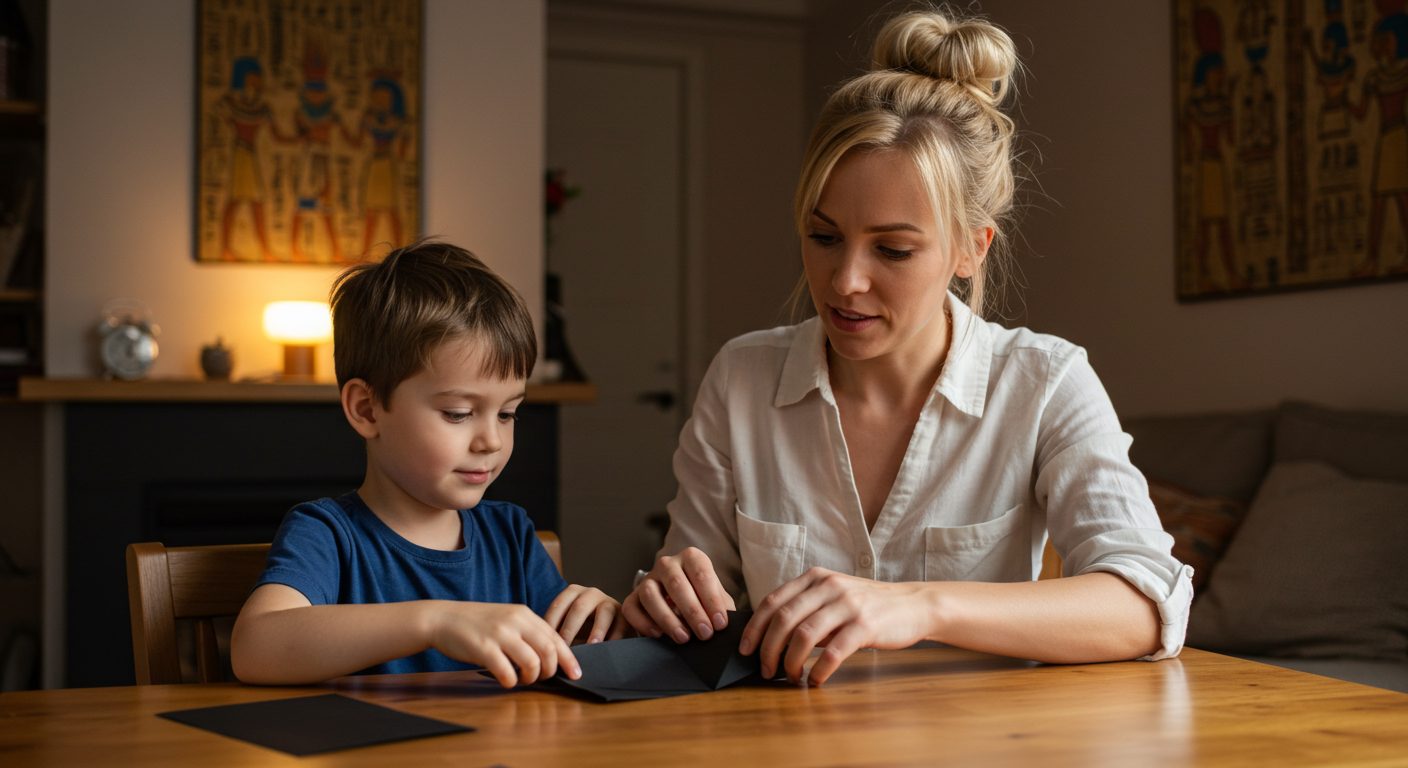 Молодая мама помогает сыну складывать черную кошку оригами на деревянном столе