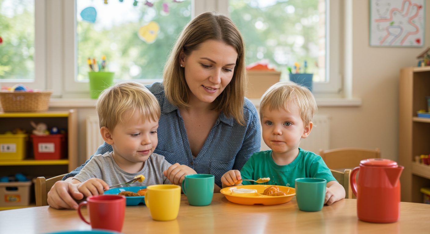 Молодая мама помогает сыну завтракать в ярком детском саду
