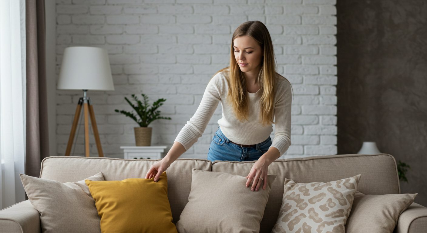 Молодая мама расставляет декоративные подушки на диване у кирпичной стены в гостиной