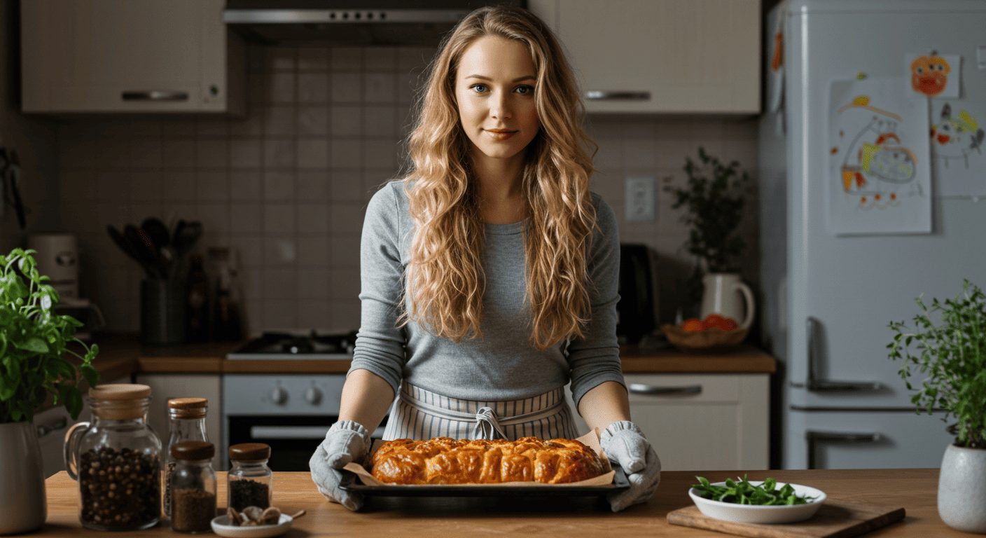 Молодая мама ставит рулет из запеченного сала на кухонный стол