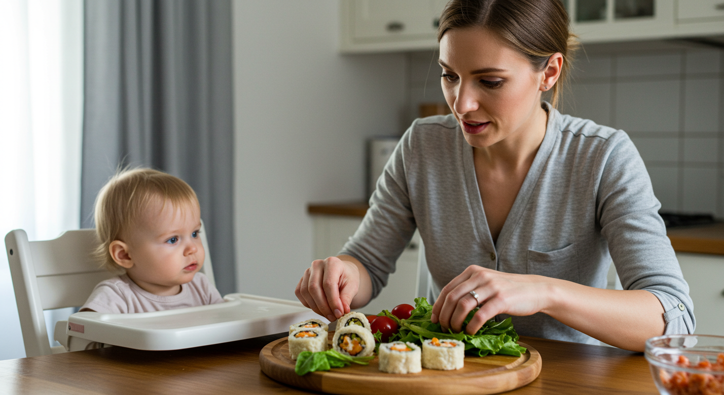 Молодая мама укладывает рулеты из лаваша, пока дочка смотрит с высокого стула