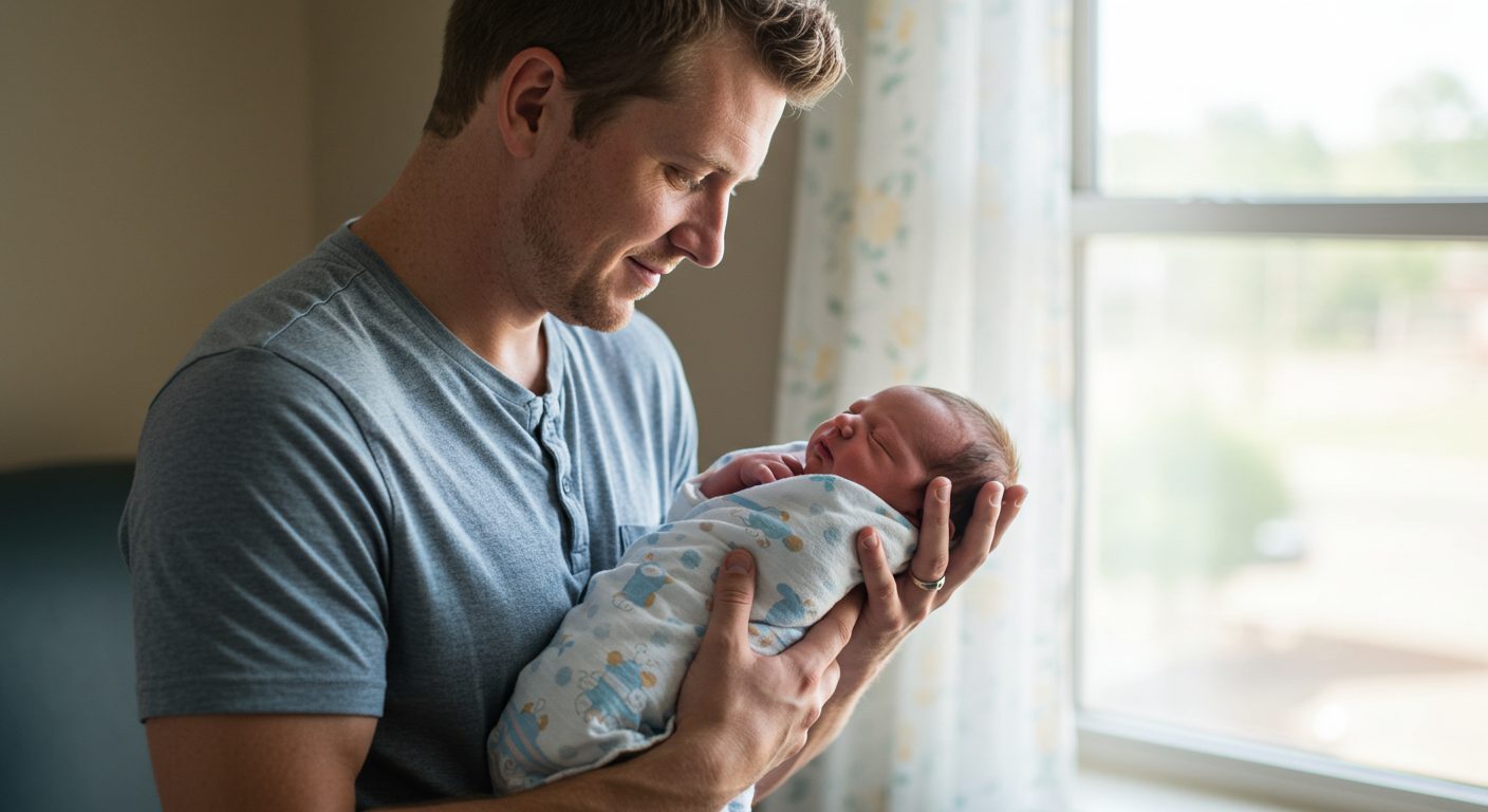 Отец аккуратно держит новорожденного сына у окна больницы, светлая атмосфера