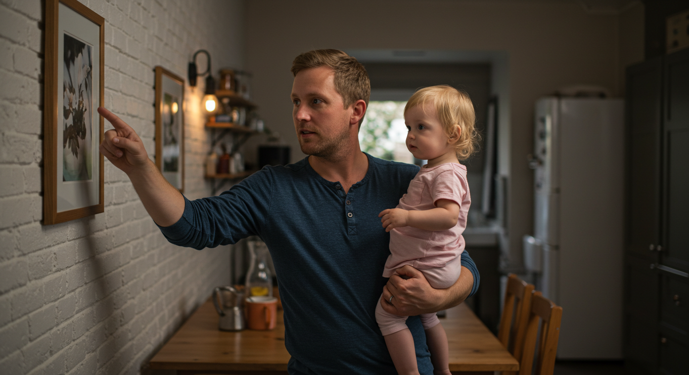 Отец держит дочку и показывает ей картины на белой кирпичной стене кухни