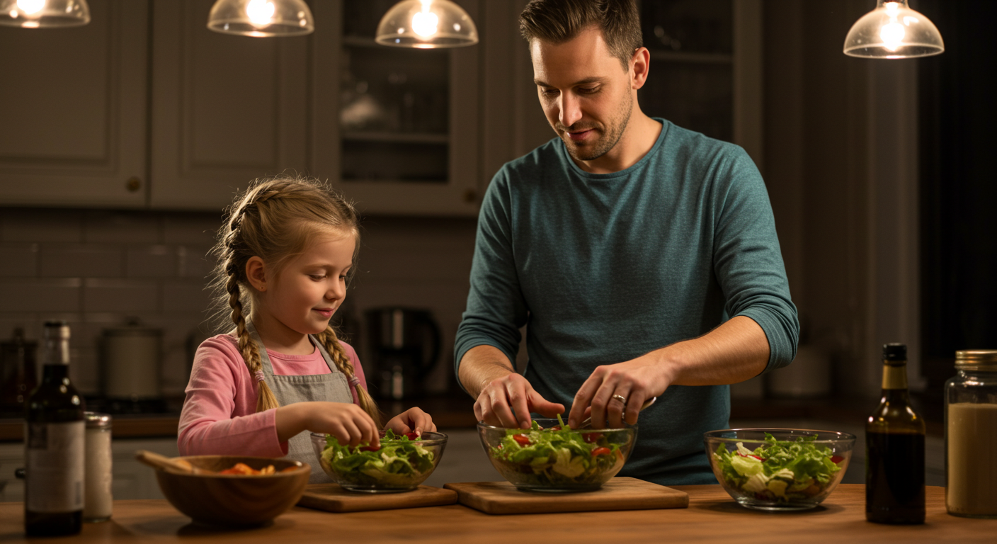 Отец и дочь готовят простой ужин на кухне дома