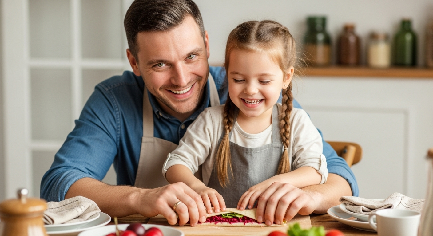 Отец и дочь готовят рулет из свеклы на столе, смеются вместе