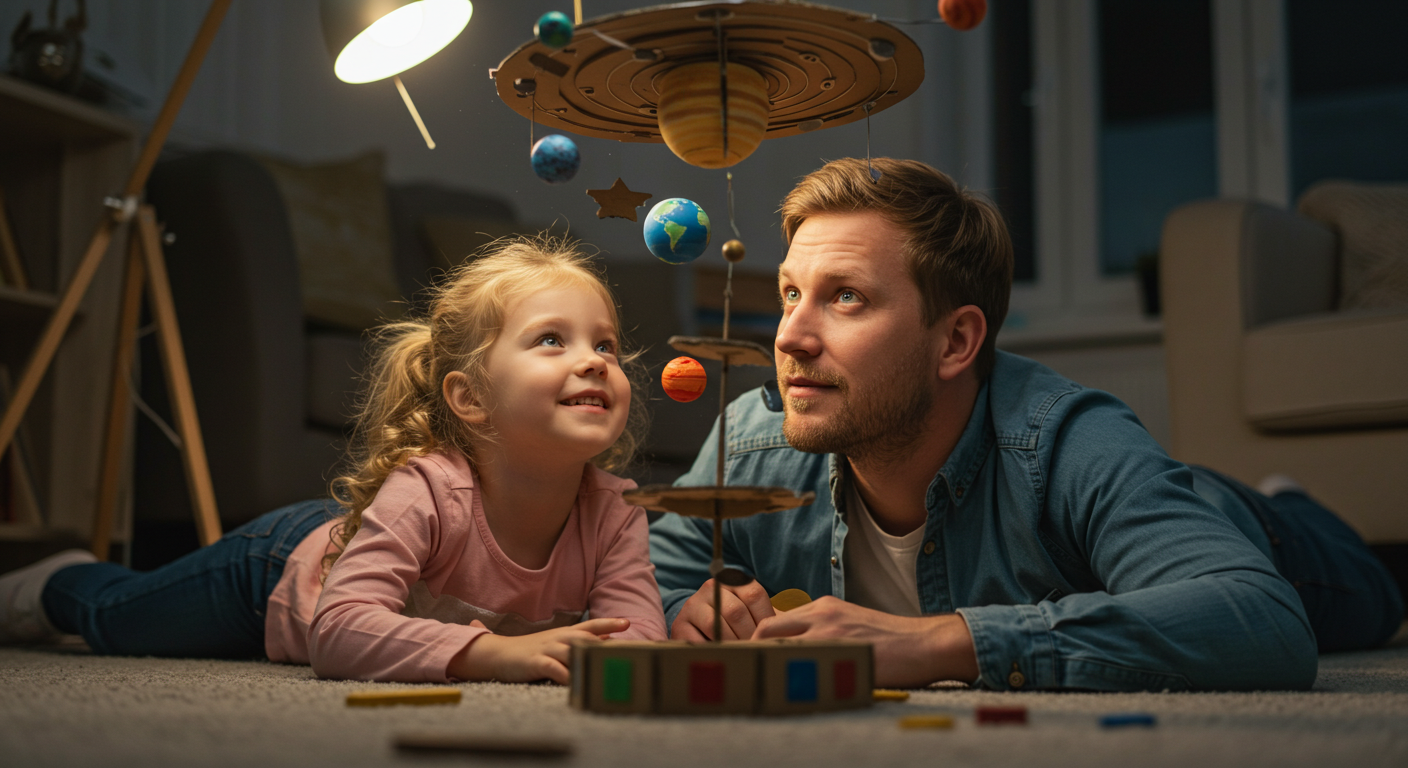 Отец и дочь изучают модель солнечной системы, развивая критическое мышление