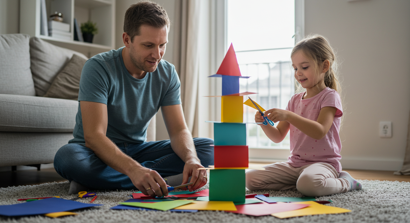 Отец и дочь строят бумажную башню, используя творческие методы обучения