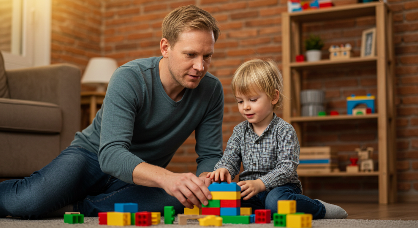 Отец играет с сыном на полу возле стены из красного кирпича в комнате