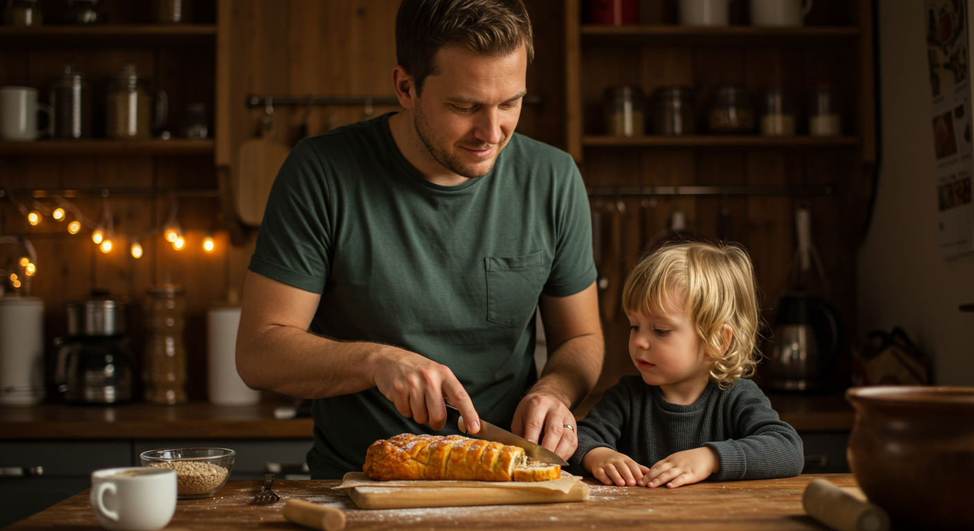 Отец нарезает домашний рулет из сала, сын с интересом наблюдает