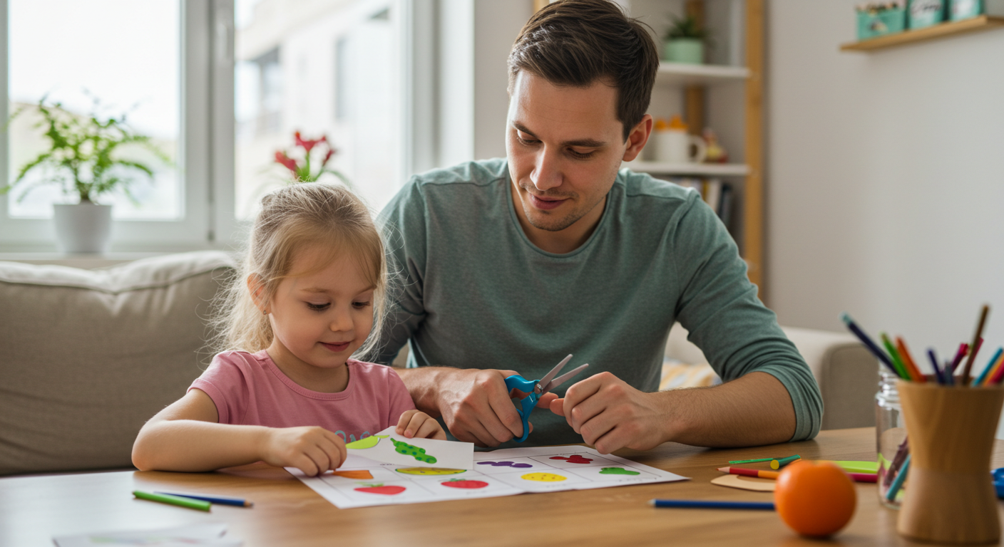 Отец помогает дочери вырезать фрукты для её детского меню