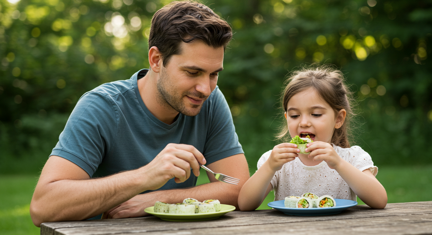 Отец с дочерью наслаждаются рулетами из салата на пикнике в саду