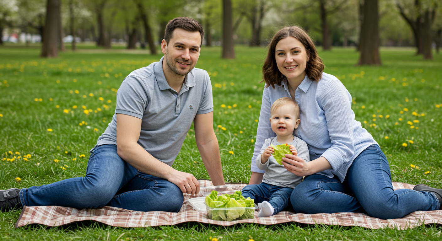 Папа с семьей наслаждается пикником с закусками из салатных листьев