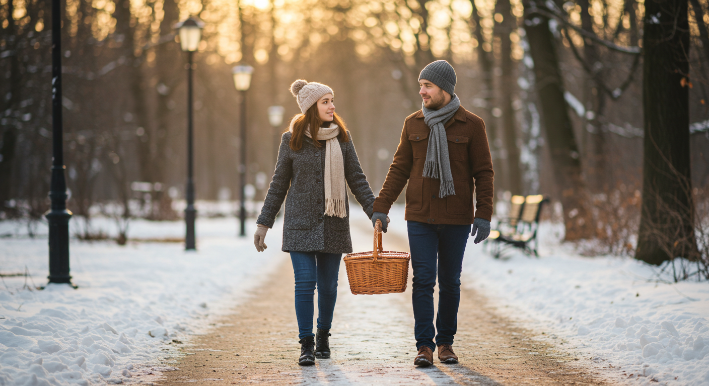 Семья гуляет в парке с детьми, отец несет корзину для пикника