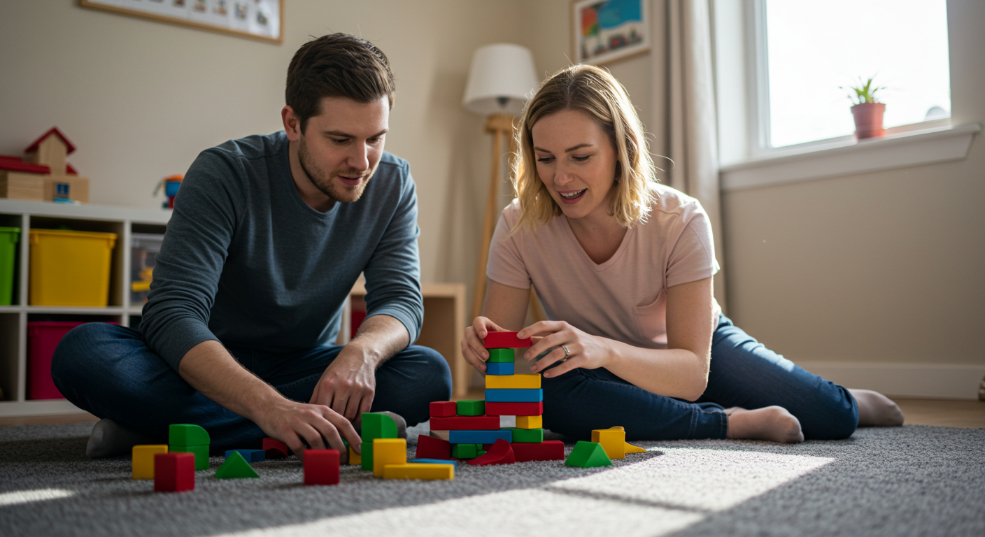 Семья играет с кубиками на полу, уделяя внимание ребенку в игровой комнате