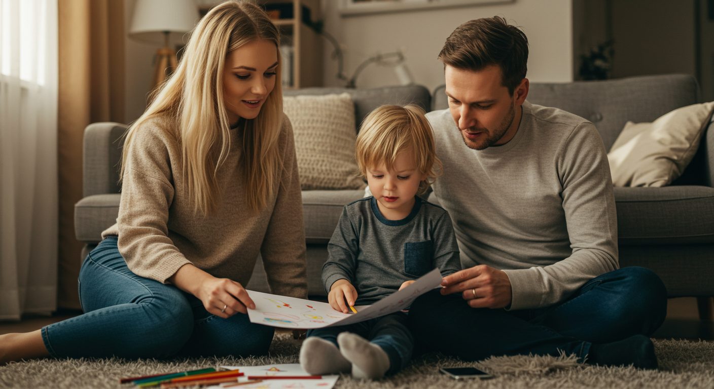 Семья рассматривает детский рисунок, выражения лиц разные, уют в комнате