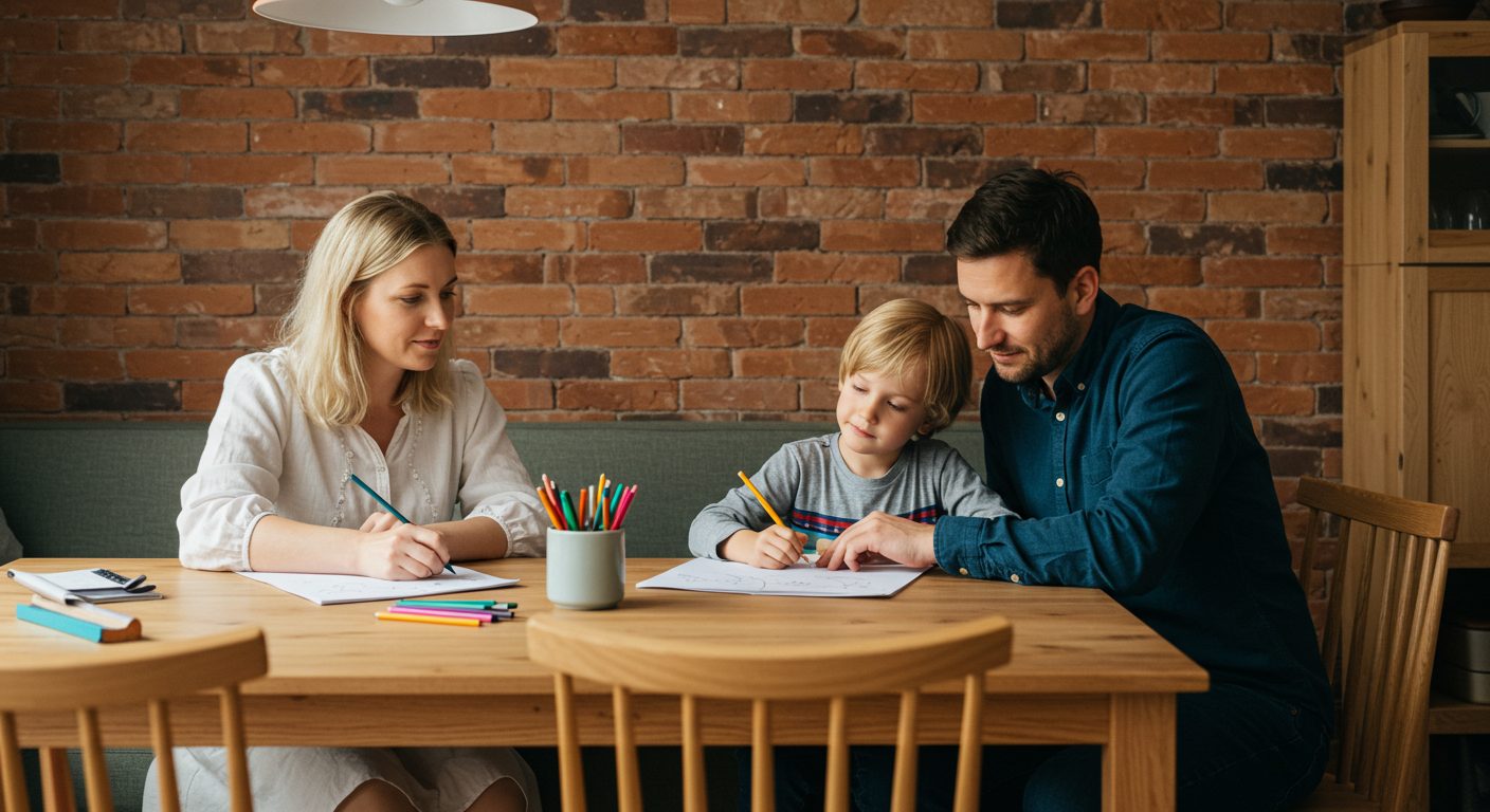 Семья за столом рядом с терракотовой кирпичной стеной в современном интерьере