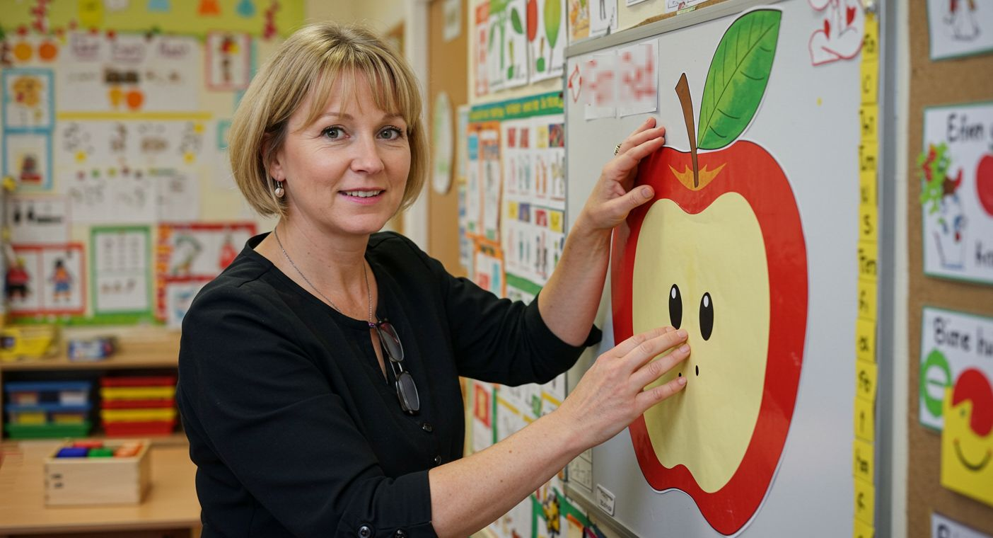 Воспитательница объясняет детям меню с иллюстрациями для детского сада