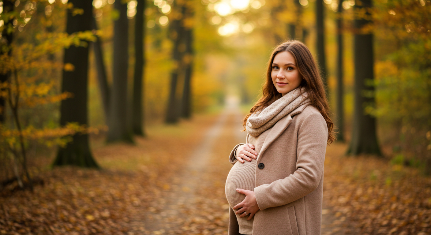 Женщина в ожидании ребенка прогуливается по лесной тропе осенью