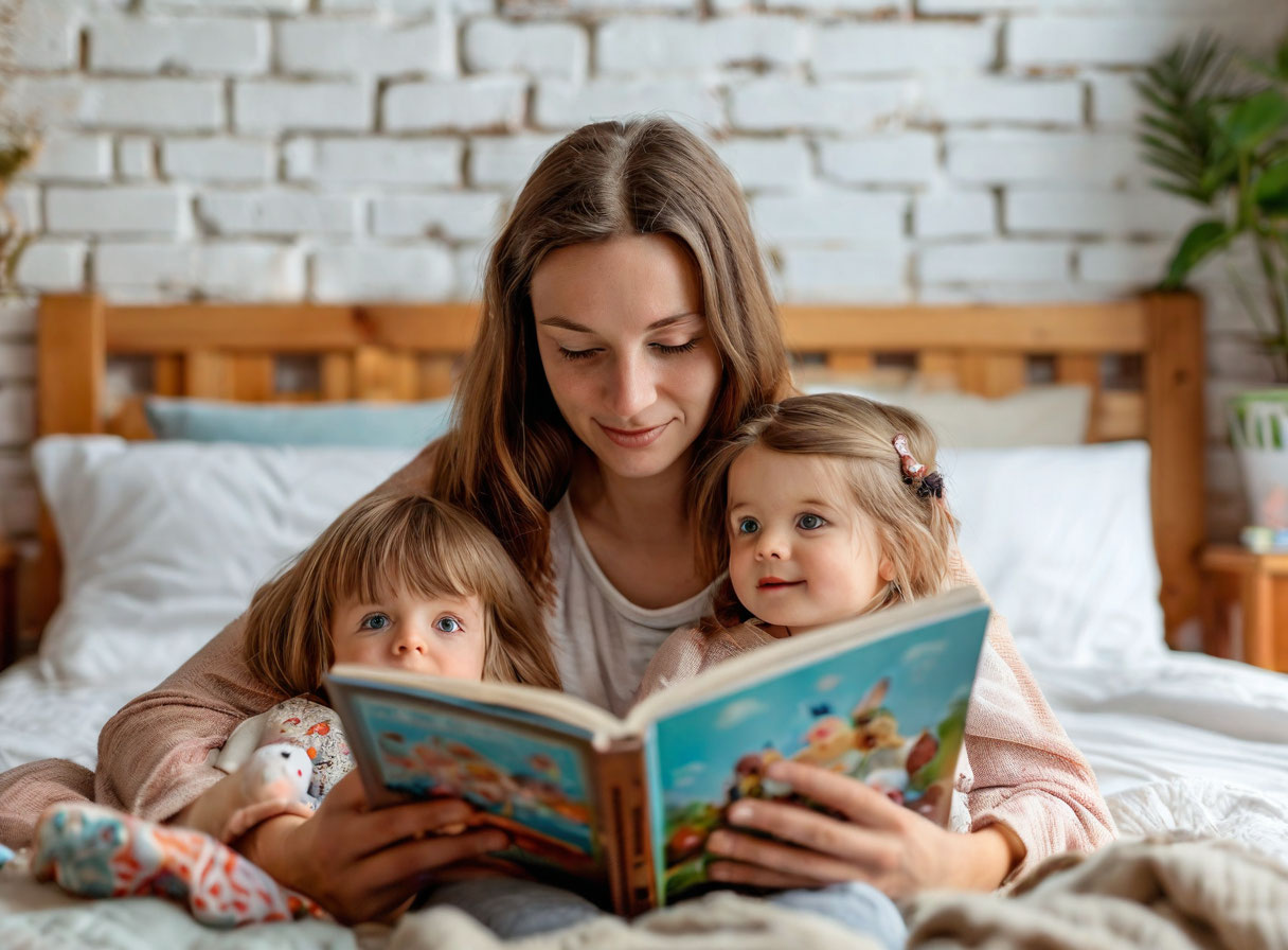 Мама читает книгу на полу рядом с дочерью у белой кирпичной стены в спальне