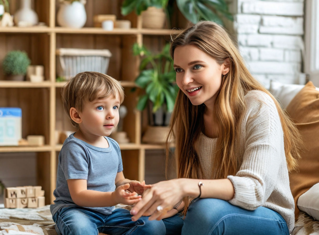 Молодая мама у белой кирпичной стены разговаривает с сыном, играющим на полу