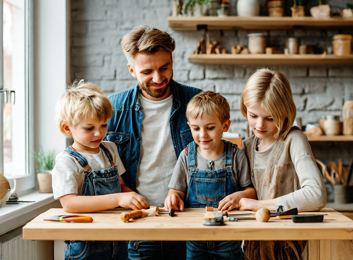 Семья собирает полку в коридоре с серой кирпичной стеной на заднем плане