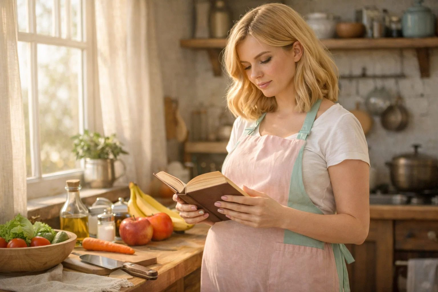 Беременная женщина читает рецепт закусочного рулета в уютной кухне