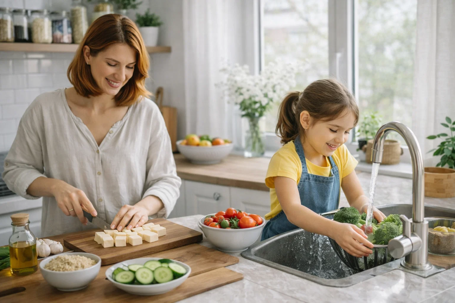 Мама и ребенок готовят безмолочное блюдо на светлой кухне