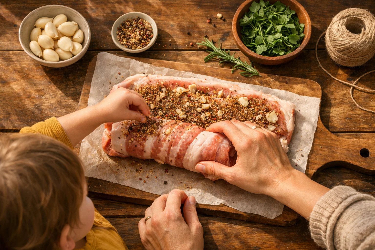 Мама и ребенок готовят рулет из сала со специями дома