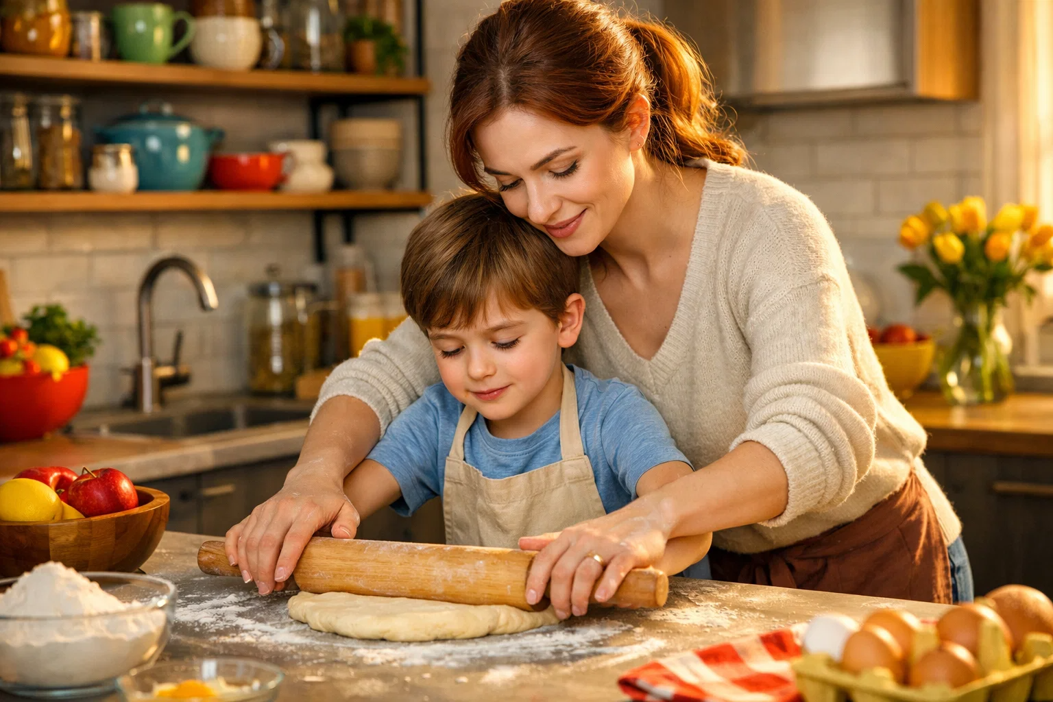 Мать показывает сыну, как сделать рулет из лаваша в современной кухне