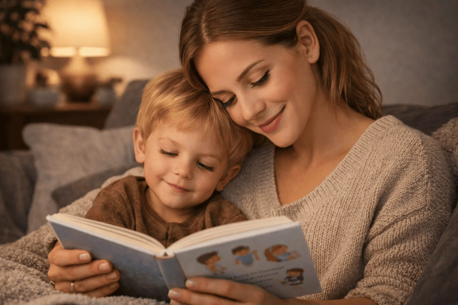 Молодая мама читает о здоровье ребенка в уютной гостиной с сыном