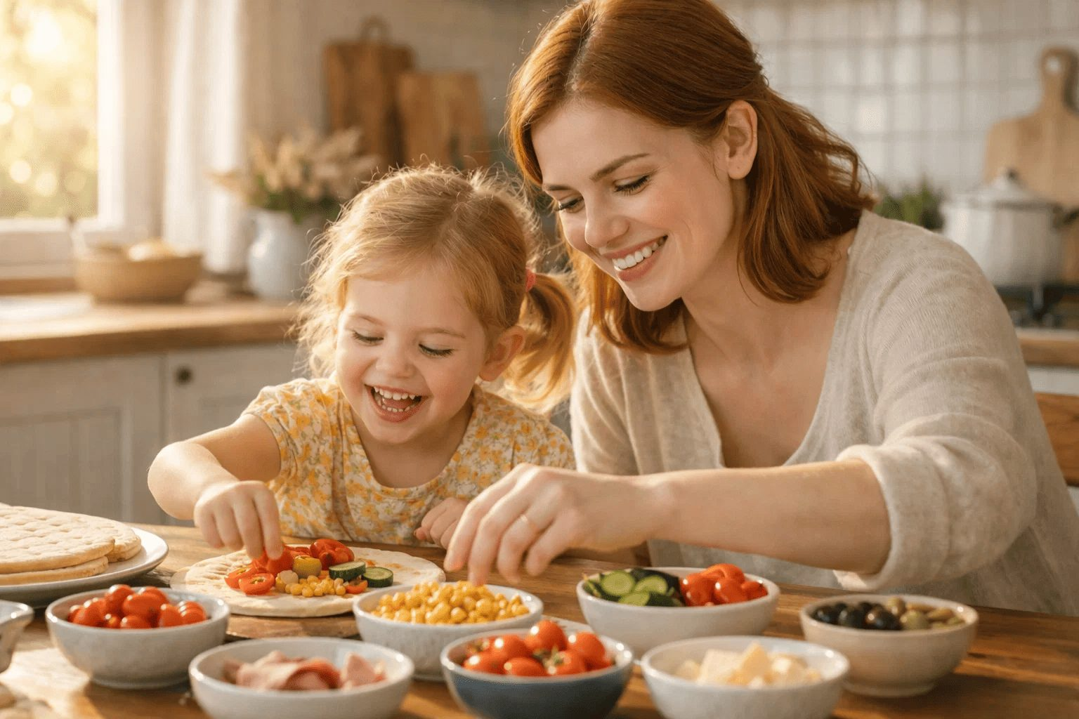 Молодая мама играет с дочерью на кухне, вокруг колорфул ингридиенты