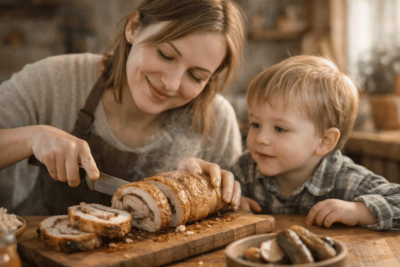 Молодая мама нарезает рулет из сала на кухне, ребенок рядом