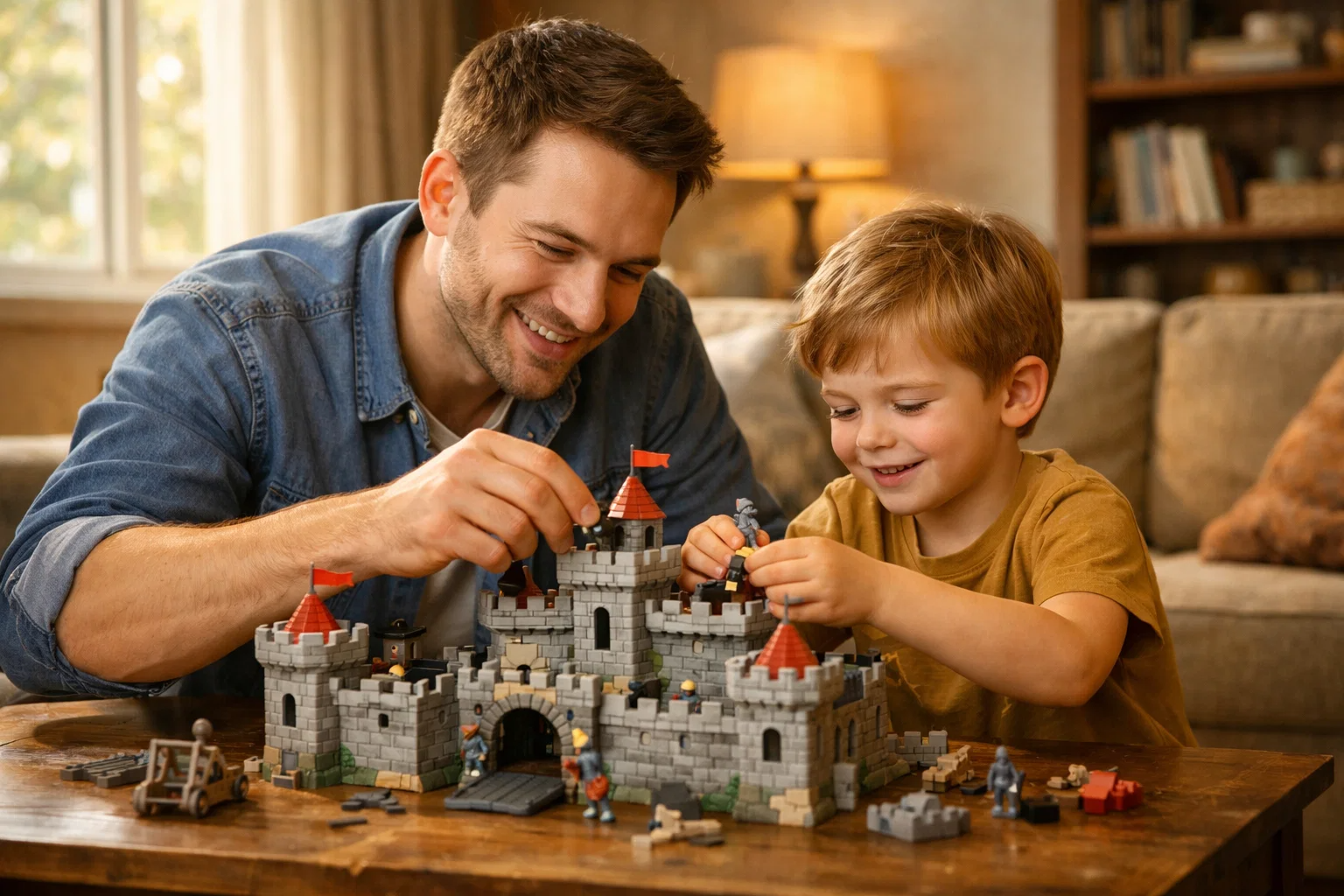 Отец помогает сыну собрать игрушечный замок в уютной гостиной