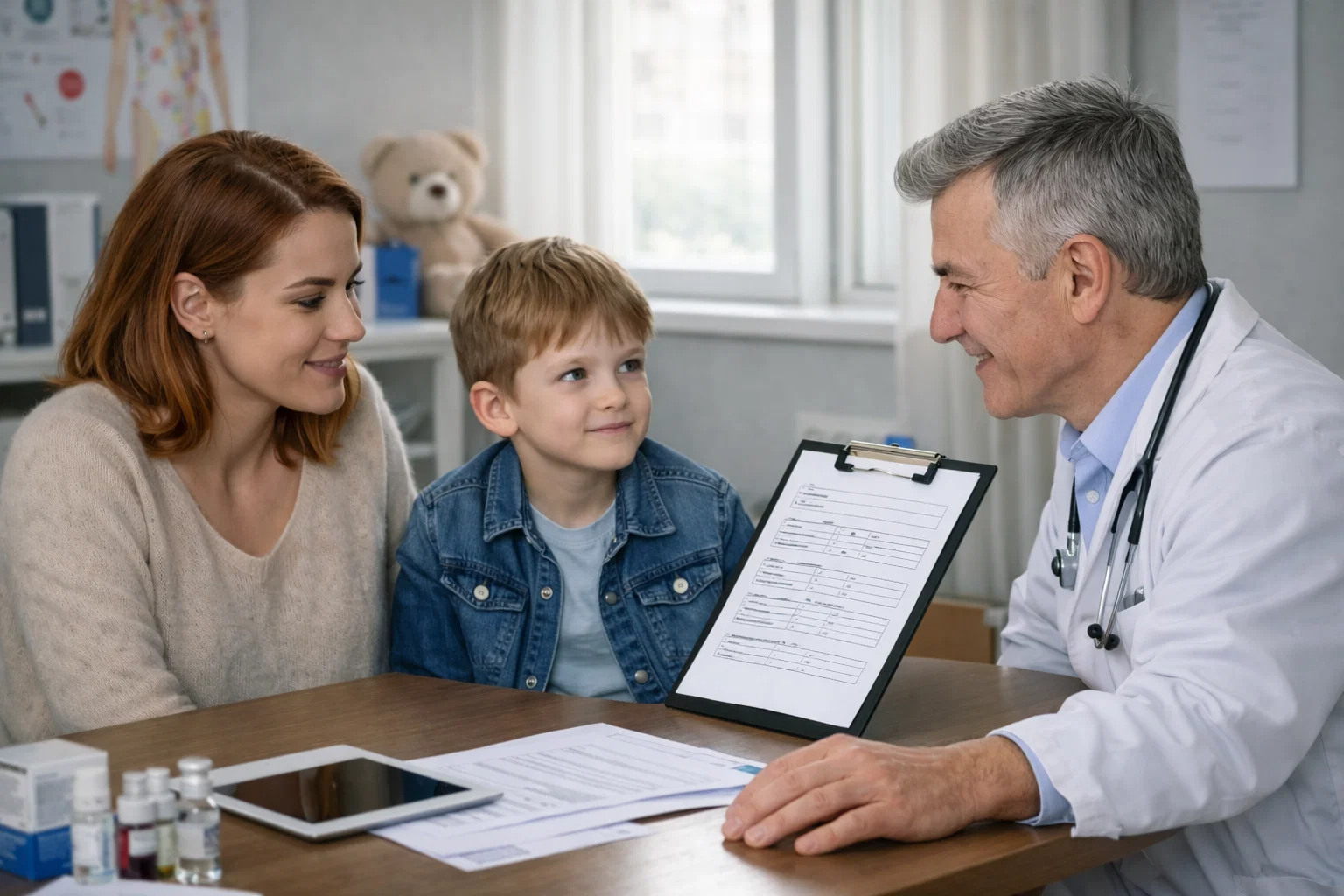 Родители с ребенком на приеме у педиатра обсуждают аллергию