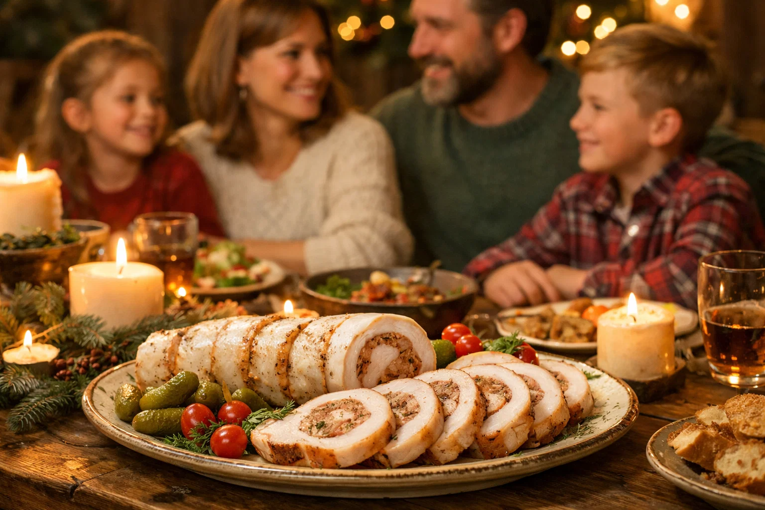 Семейный праздничный стол с рулетом из сала и родителями с детьми