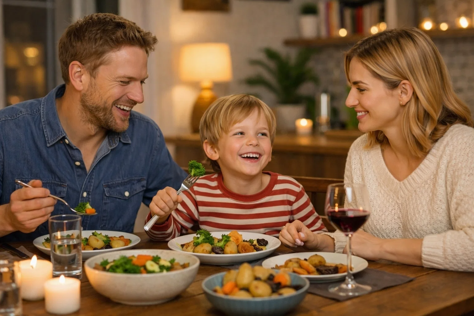 Семья делится закусками во время ужина за столом