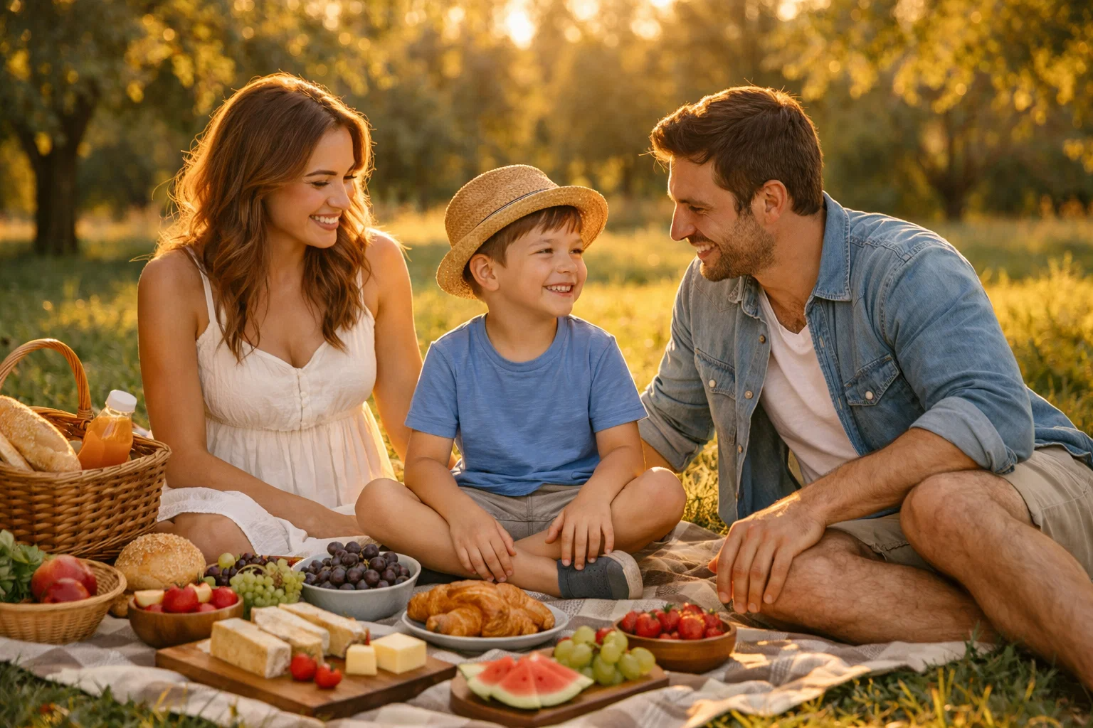 Семья устраивает пикник в парке с разнообразными закусками на одеяле